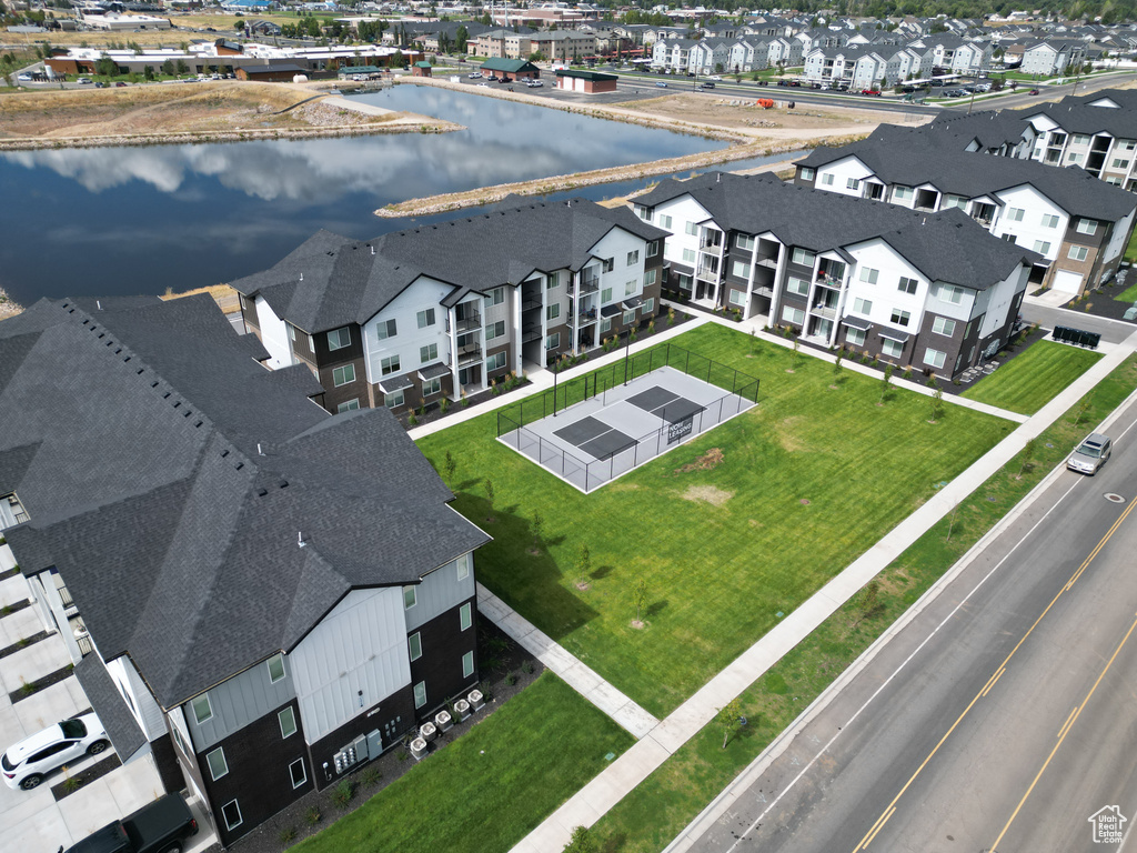 Aerial view of residential area with a large body of water