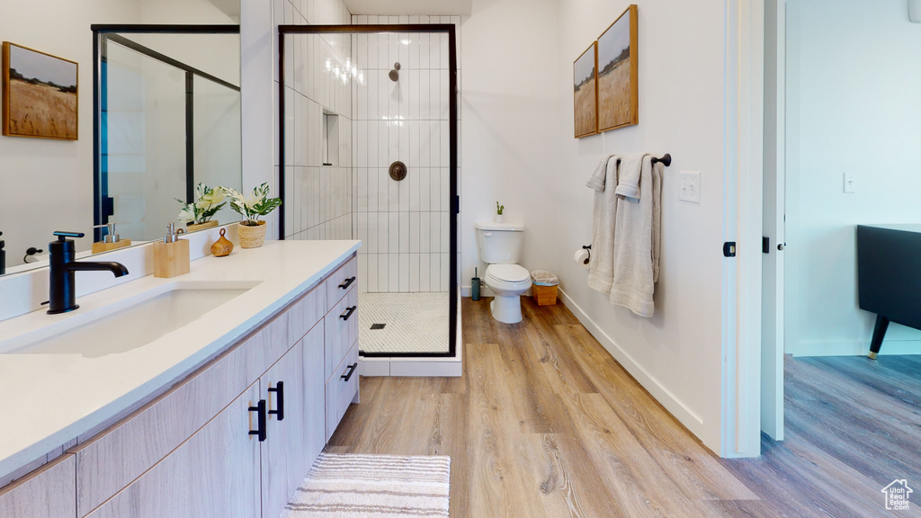Bathroom with wood finished floors, vanity, and a stall shower
