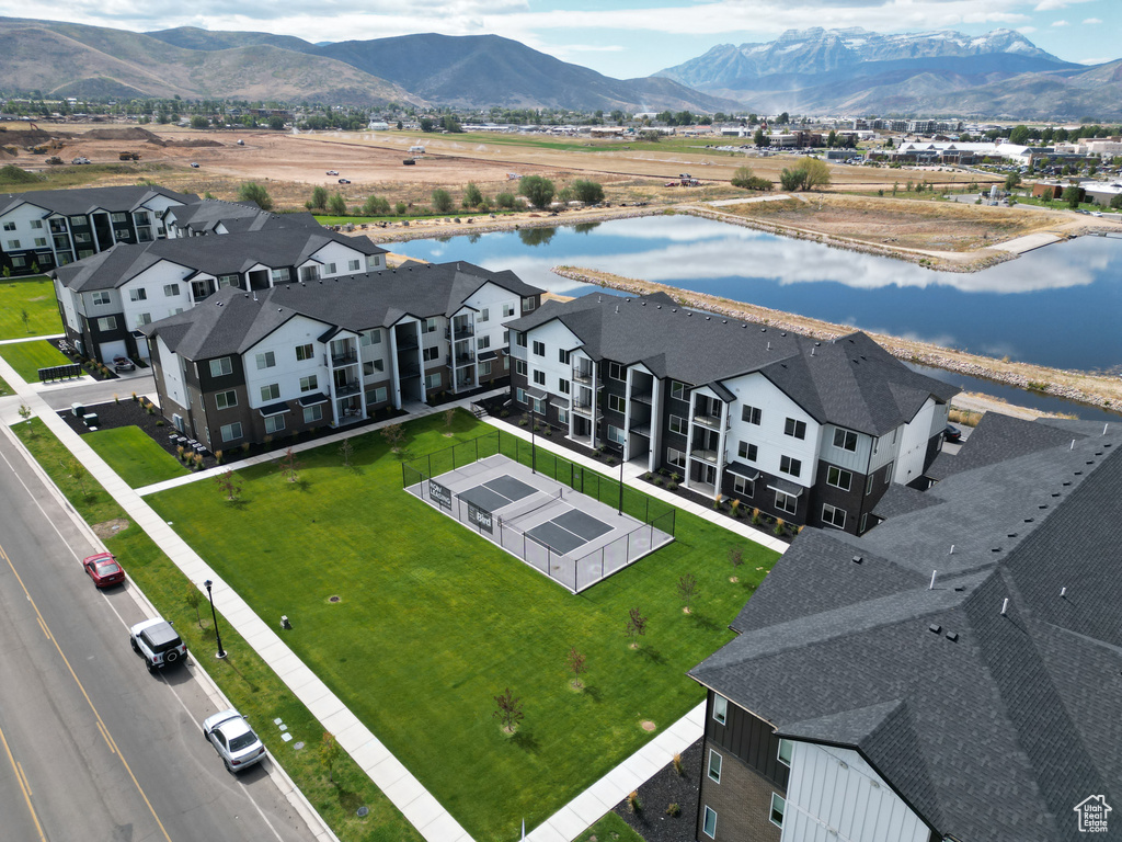Aerial view of a water and mountain view