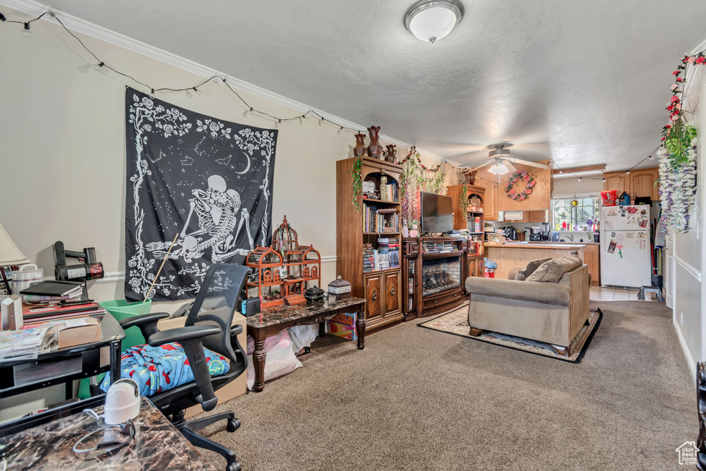 Living area with ornamental molding, light colored carpet, and a ceiling fan