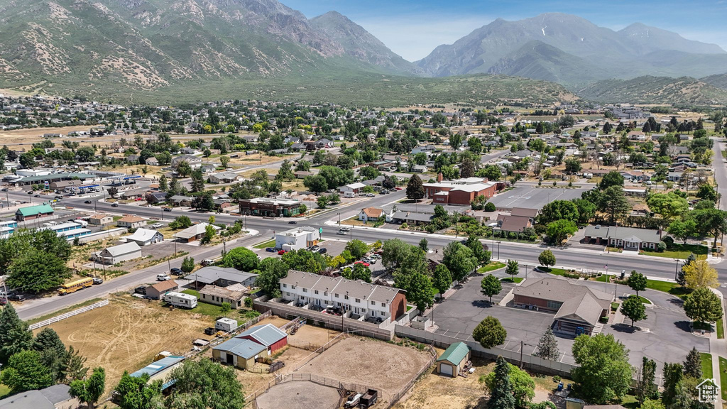 Aerial view of residential area with mountains
