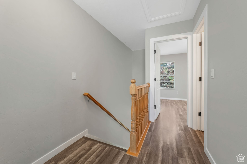 Hallway with an upstairs landing, dark wood-style flooring, and attic access