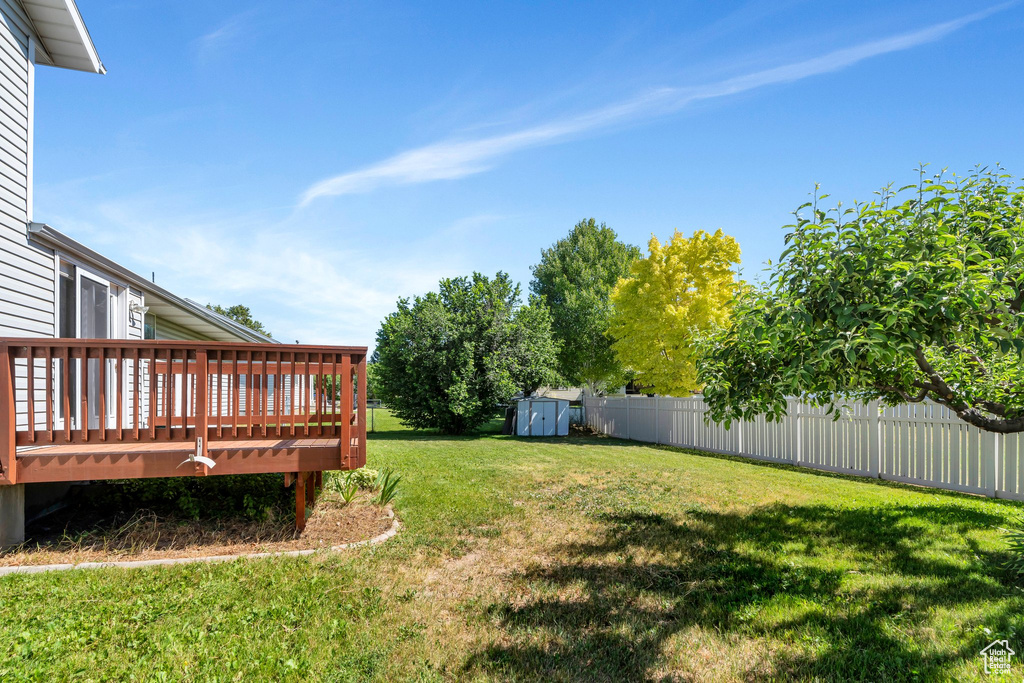 Fenced backyard featuring a deck and a storage unit
