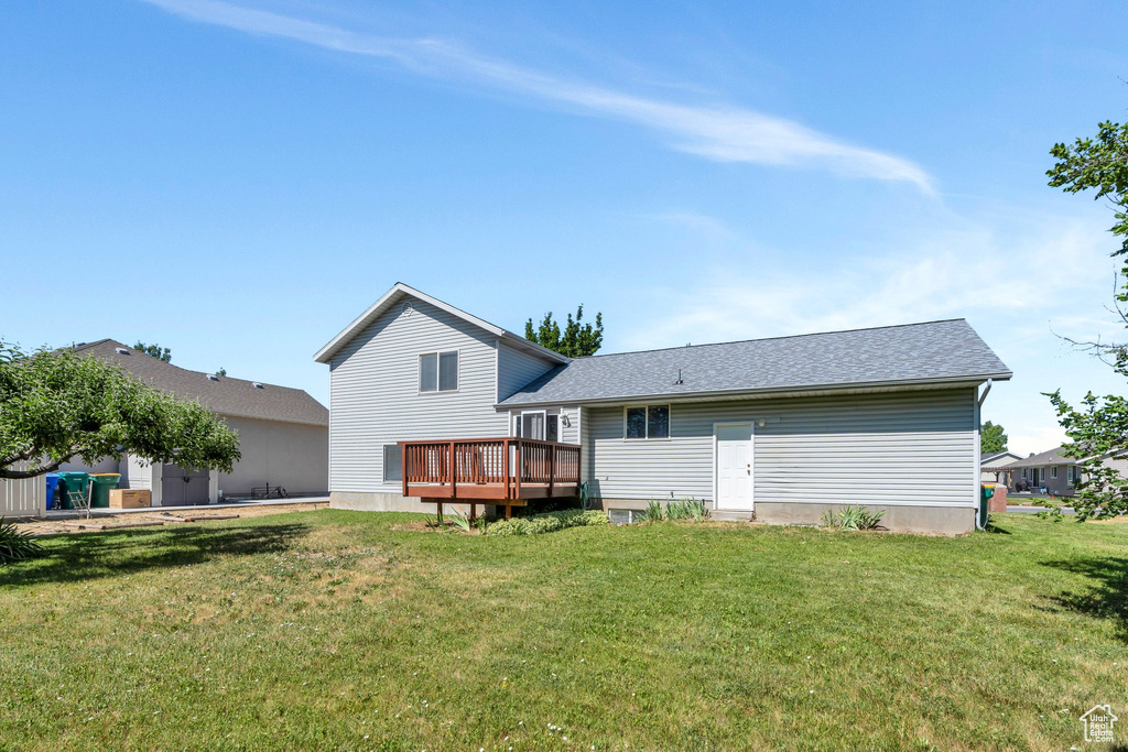 Back of house with a deck, a lawn, and a shingled roof