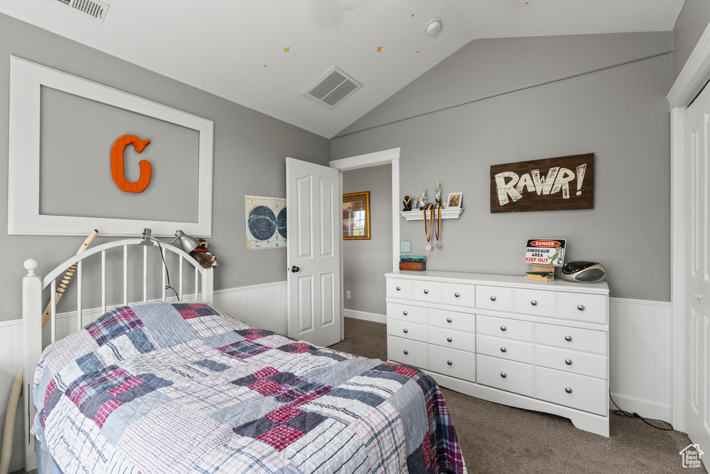 Carpeted bedroom featuring a wainscoted wall and vaulted ceiling