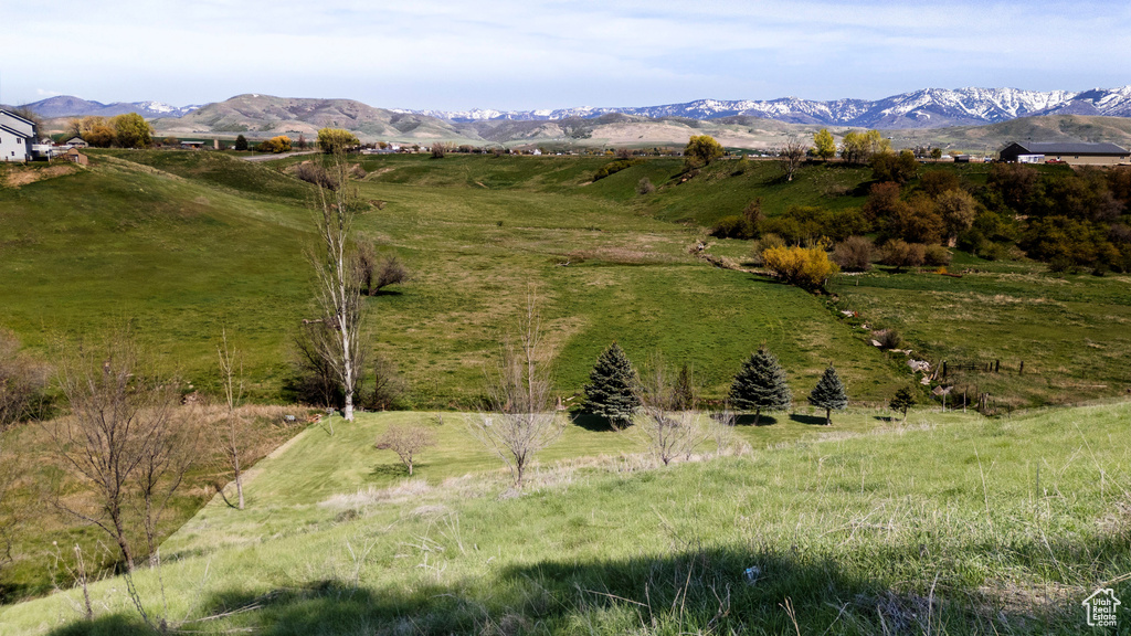 Mountain view with rural landscape and agricultural land