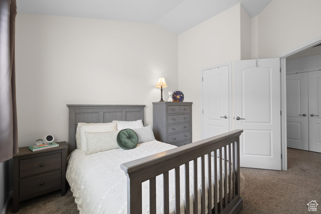 Bedroom with carpet floors and lofted ceiling