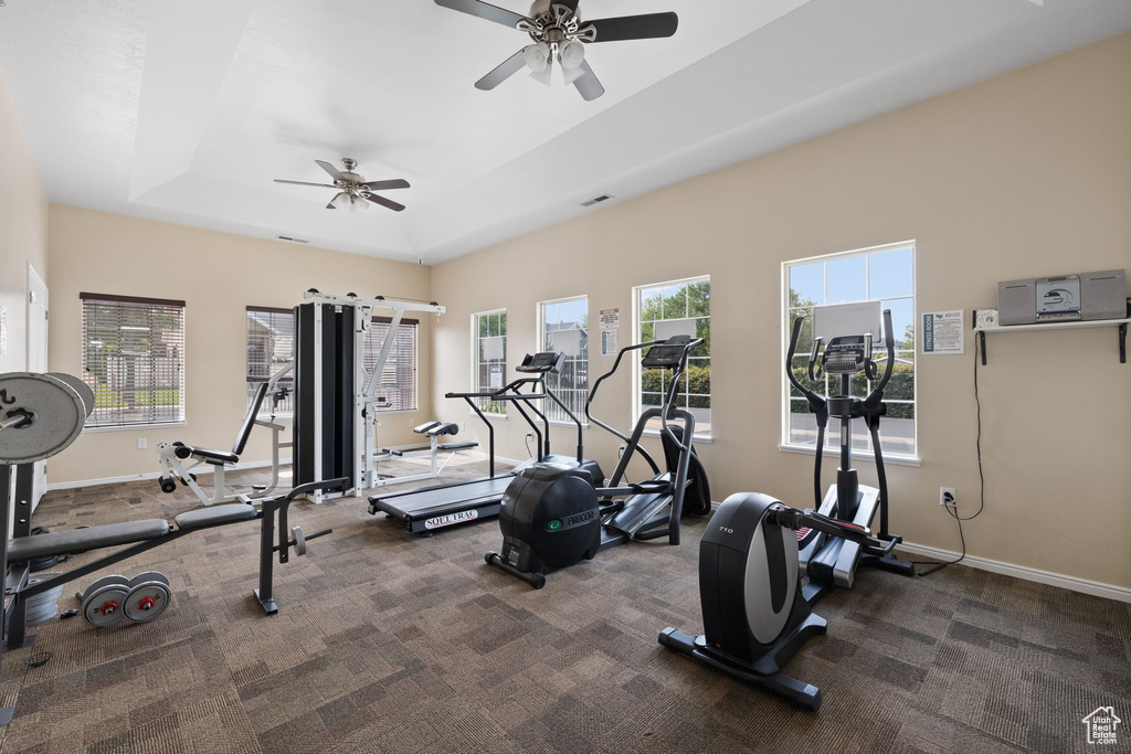 Exercise room with ceiling fan, a raised ceiling, and dark carpet
