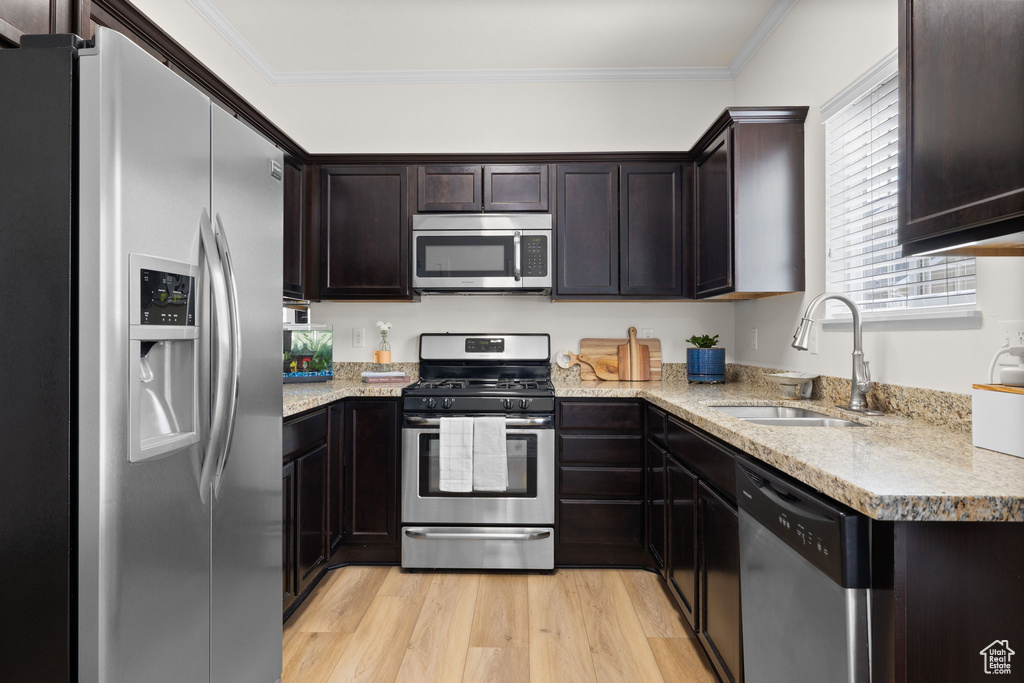 Kitchen featuring stainless steel appliances, light wood-type flooring, crown molding, dark brown cabinets, and light stone countertops