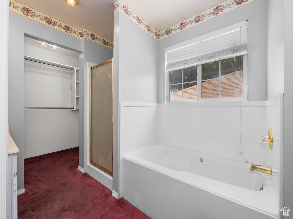 Full bath featuring a bath, a shower stall, and vanity
