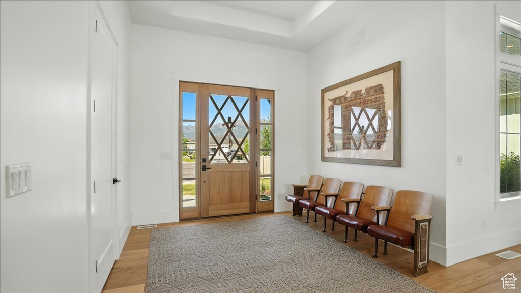 Entrance foyer featuring light wood-type flooring and a raised ceiling
