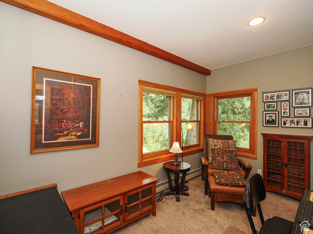 Office featuring light carpet, a baseboard heating unit, and recessed lighting