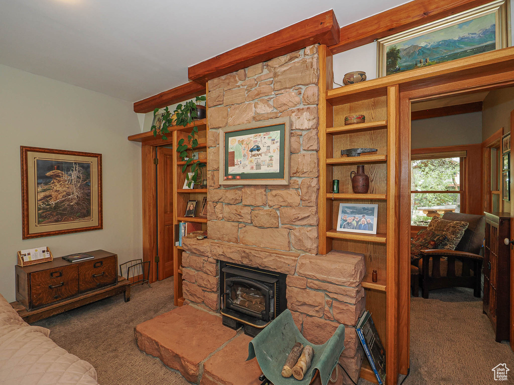 Living room featuring carpet and a wood stove