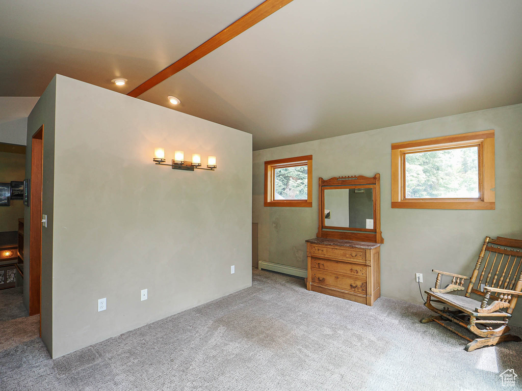 Sitting room featuring baseboard heating, carpet floors, and recessed lighting