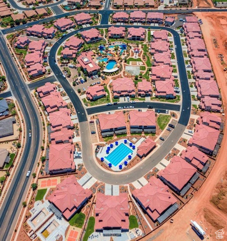 Drone / aerial view of a pool area
