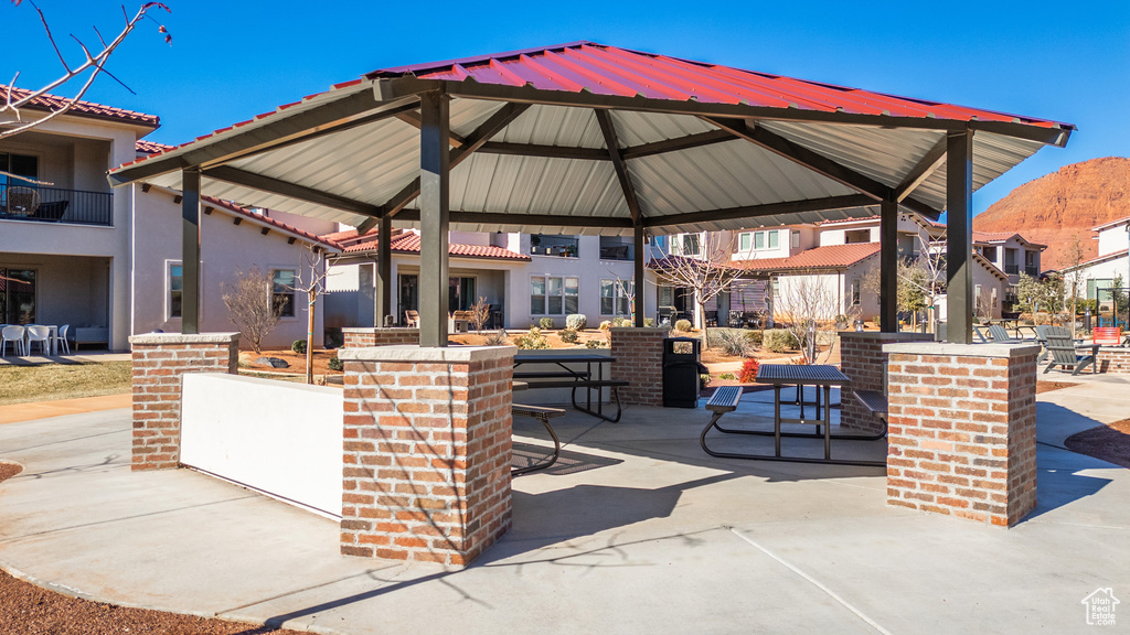 View of patio with a gazebo