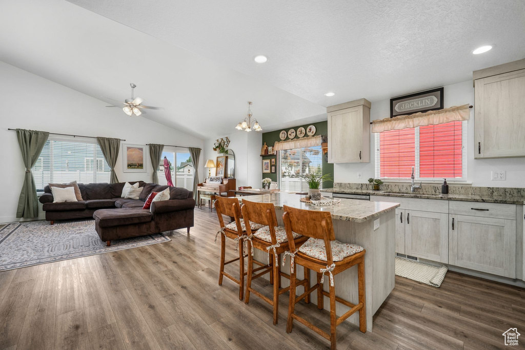 Kitchen with dark wood-type flooring, vaulted ceiling, light stone countertops, a ceiling fan, and recessed lighting