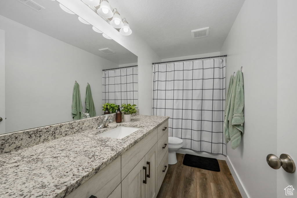 Full bath featuring wood finished floors, vanity, and curtained shower