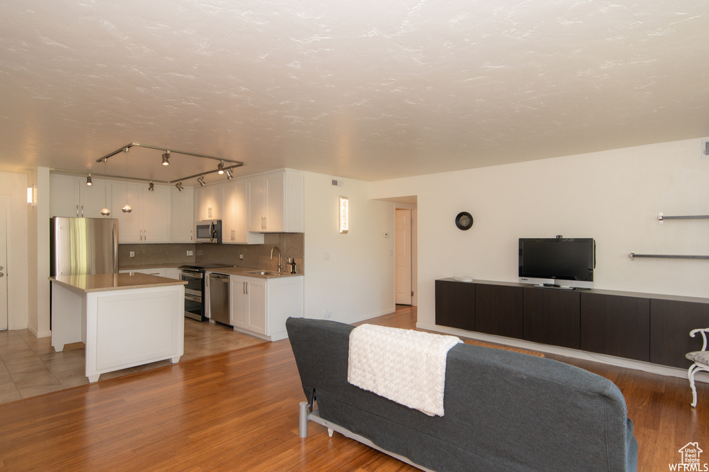 Living area with light wood-style floors and track lighting