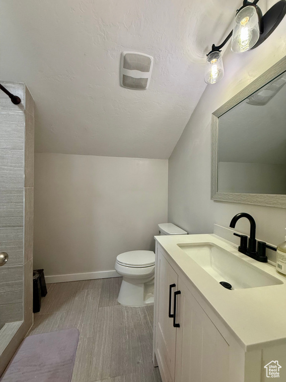 Bathroom with lofted ceiling, vanity, wood finished floors, a textured ceiling, and a shower