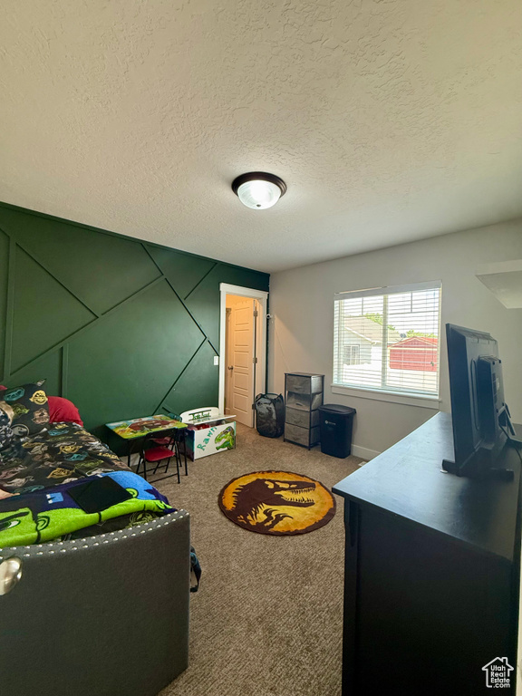 Carpeted living room with a textured ceiling and baseboards