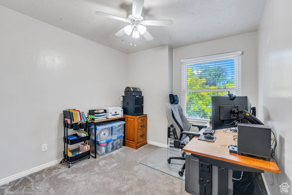 Office with light colored carpet, a ceiling fan, and a textured ceiling