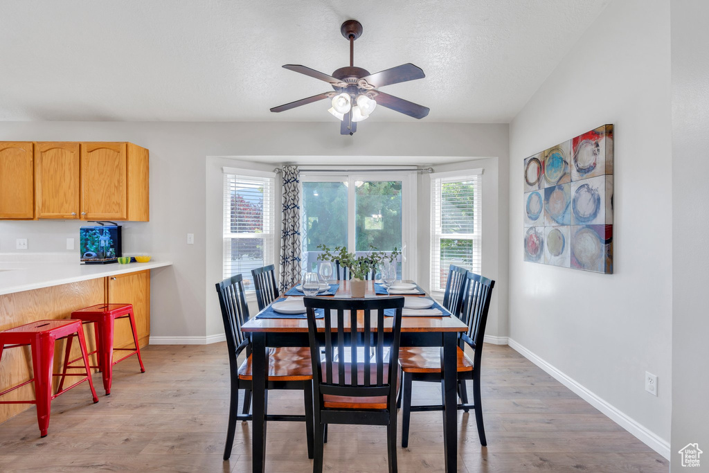 Dining room featuring light wood-style floors and a ceiling fan