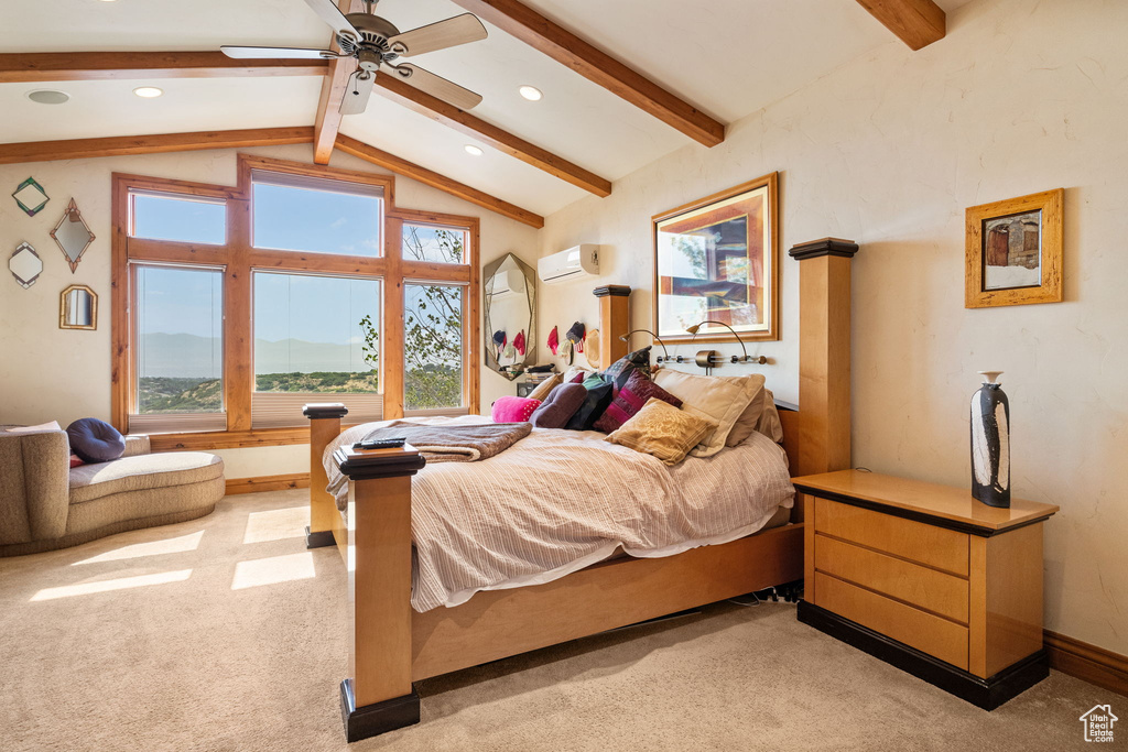 Bedroom with light carpet, a wall unit AC, and recessed lighting