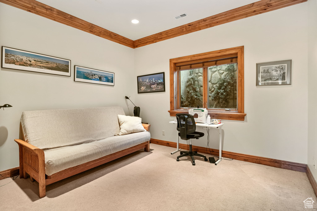 Carpeted office featuring recessed lighting and ornamental molding