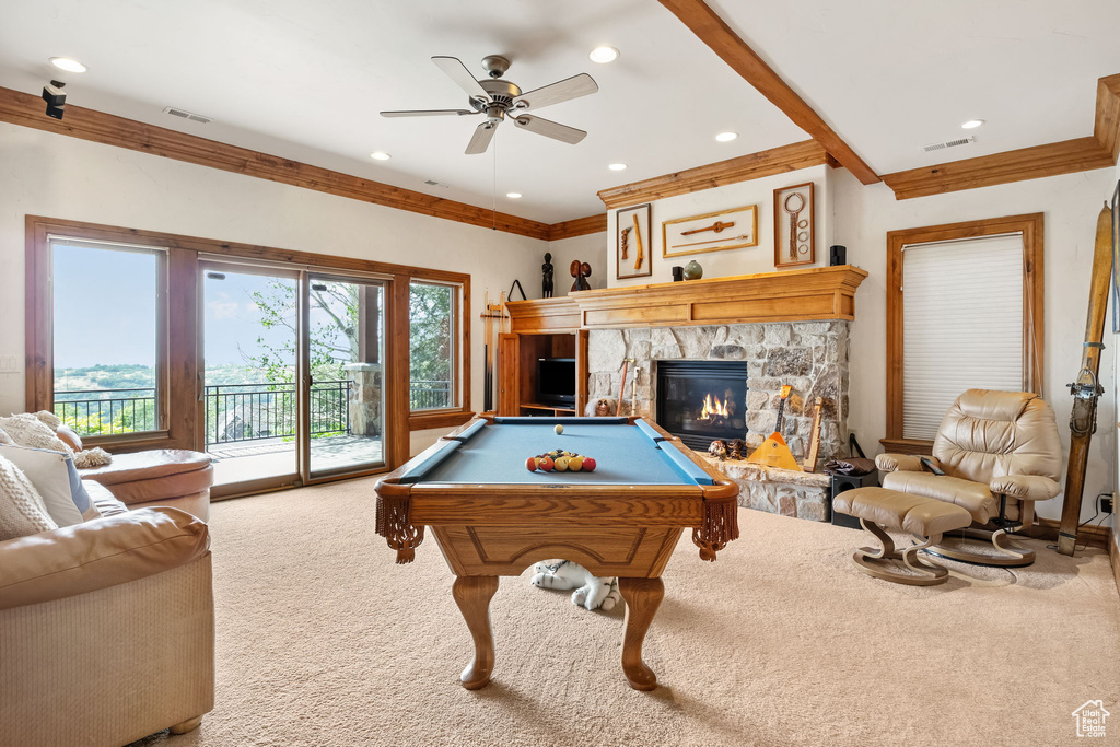 Recreation room with carpet, billiards, recessed lighting, a stone fireplace, and ceiling fan