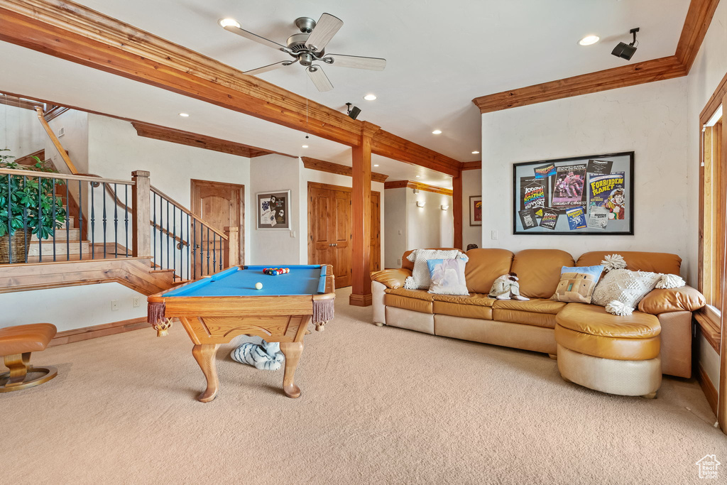 Rec room featuring carpet floors, ornamental molding, recessed lighting, ceiling fan, and billiards table