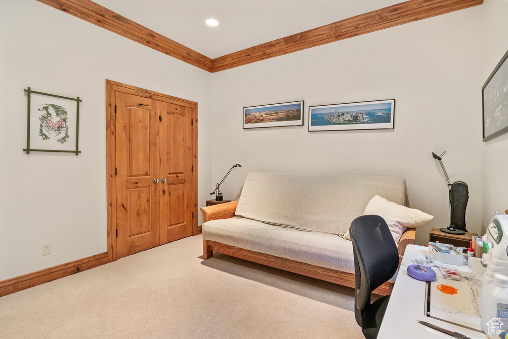 Office area featuring carpet, ornamental molding, and recessed lighting