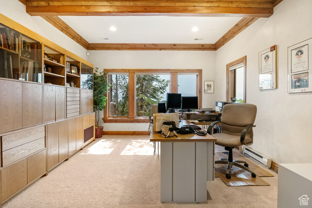 Office space featuring a baseboard radiator, light colored carpet, beamed ceiling, ornamental molding, and recessed lighting
