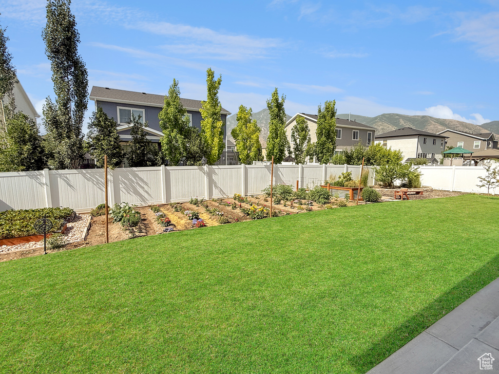 Fenced backyard with a garden and a residential view