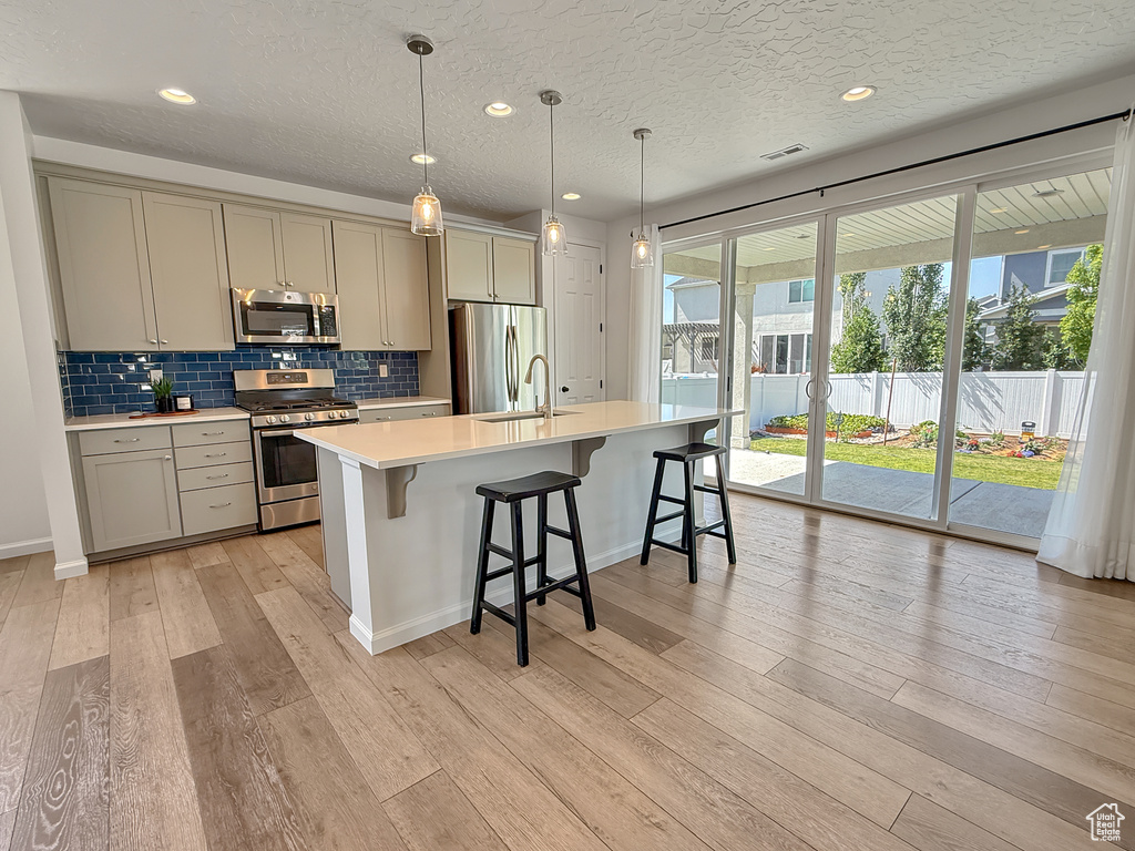 Kitchen with stainless steel appliances, gray cabinets, light countertops, light wood-style flooring, and an island with sink