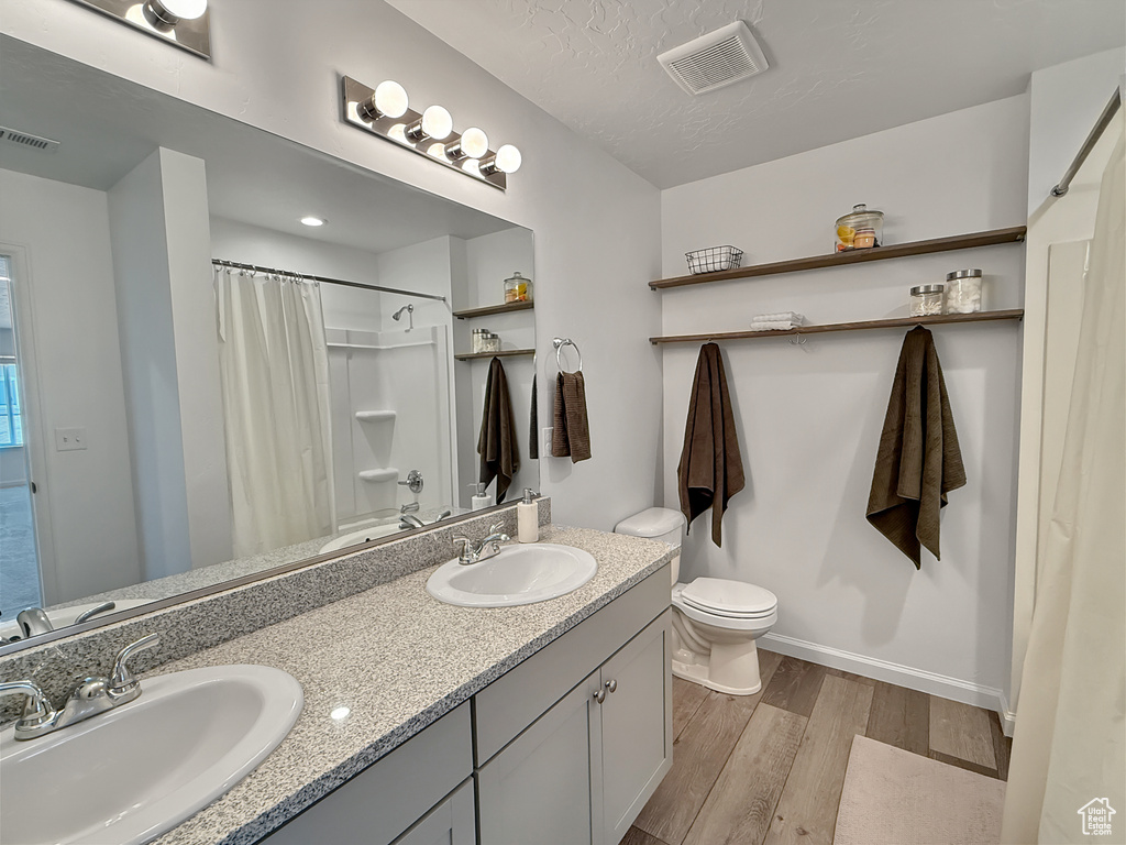 Full bathroom featuring wood finished floors and double vanity
