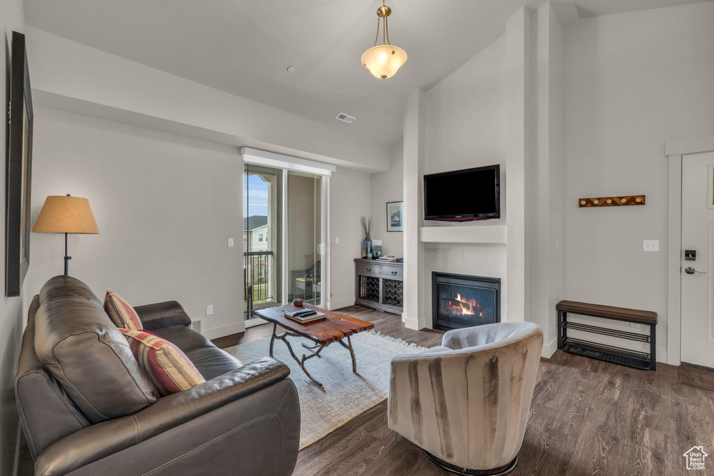 Living room with high vaulted ceiling, a glass covered fireplace, and dark wood-type flooring