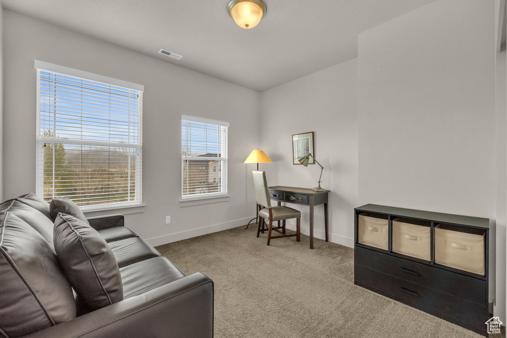 Office area featuring carpet and baseboards