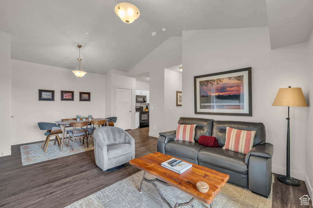 Living room featuring wood finished floors and high vaulted ceiling