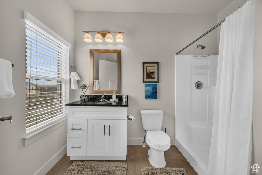 Full bathroom with vanity, wood finished floors, and curtained shower