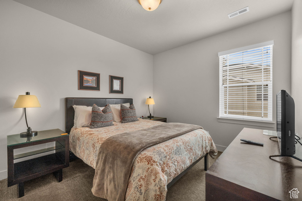 Bedroom with carpet floors and a desk