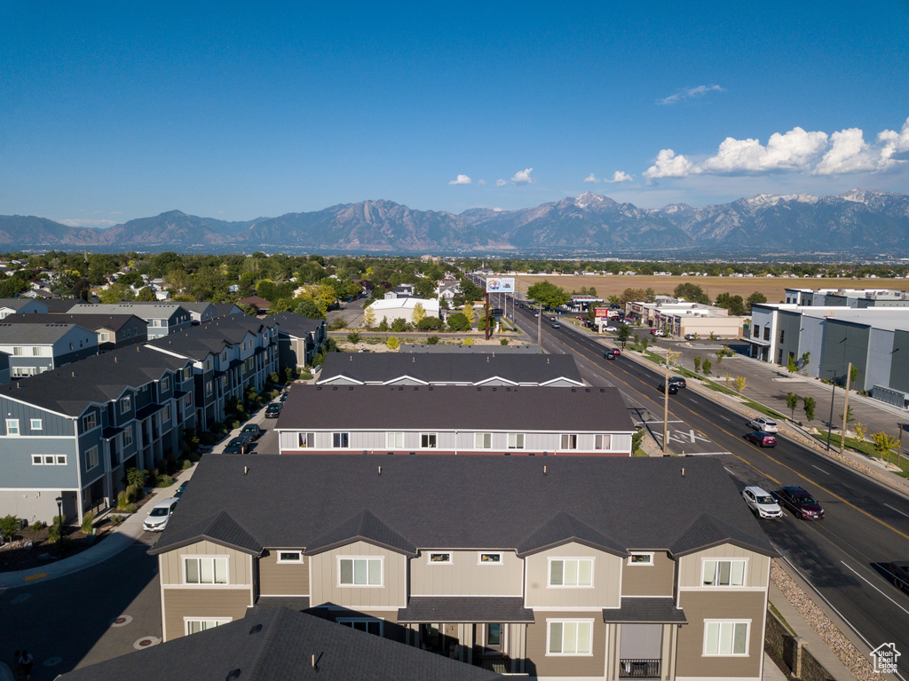 Aerial view of residential area with mountains