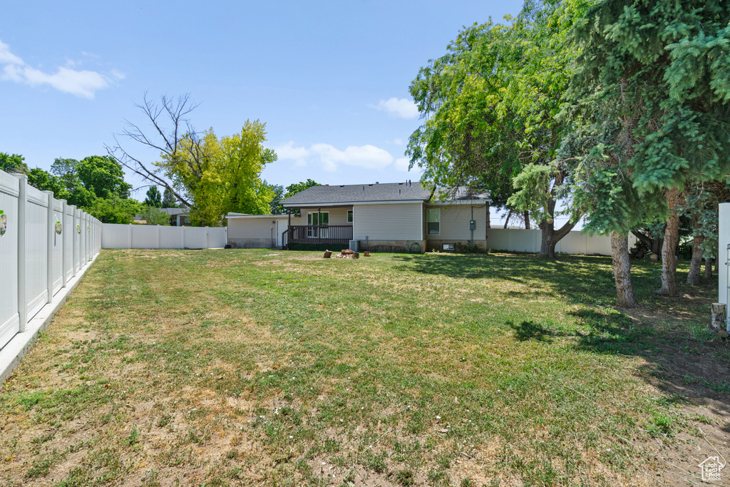 Fenced backyard with a wooden deck