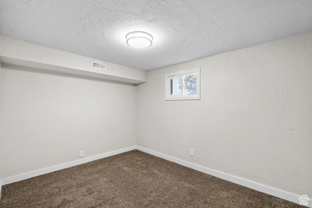 Below grade area with dark colored carpet and a textured ceiling