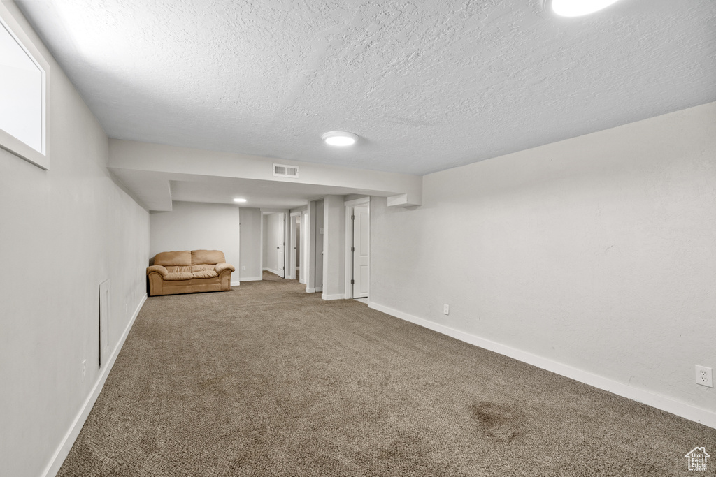 Finished basement with carpet and a textured ceiling