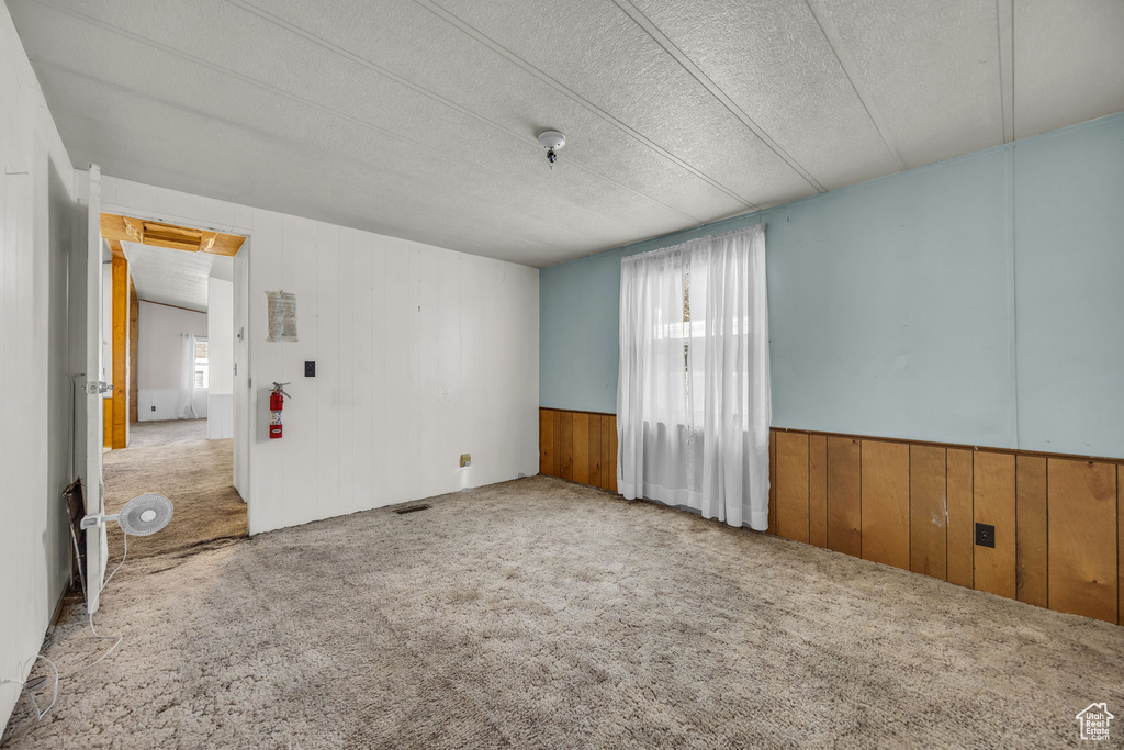 Spare room with wood walls, carpet flooring, wainscoting, fire sprinkler in ceiling, and a textured ceiling
