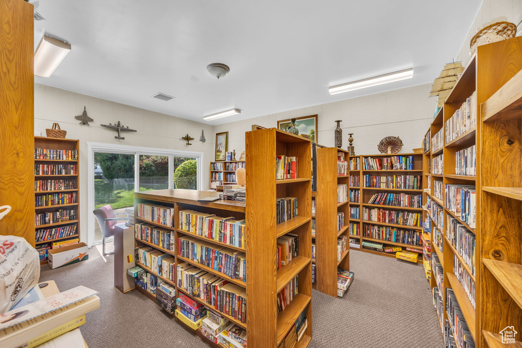 Misc room featuring bookshelves and carpet floors