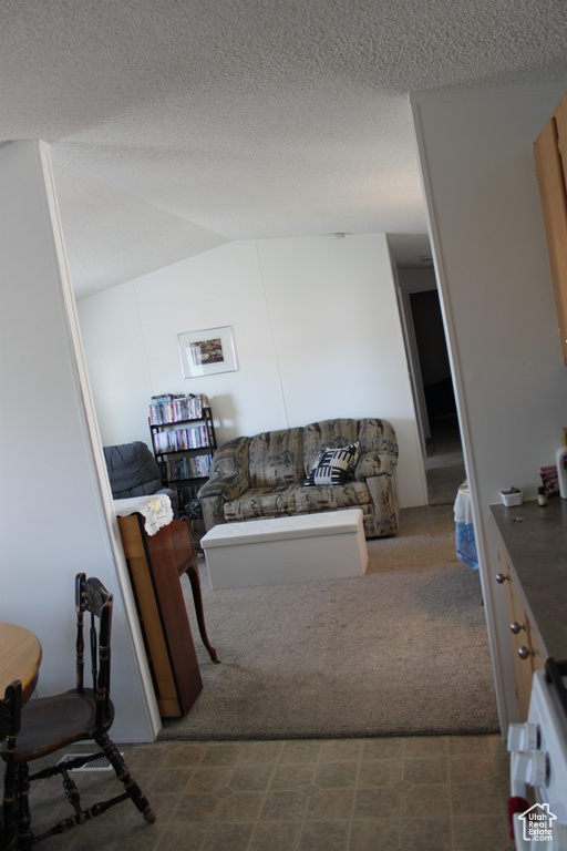 Living area featuring a textured ceiling and vaulted ceiling