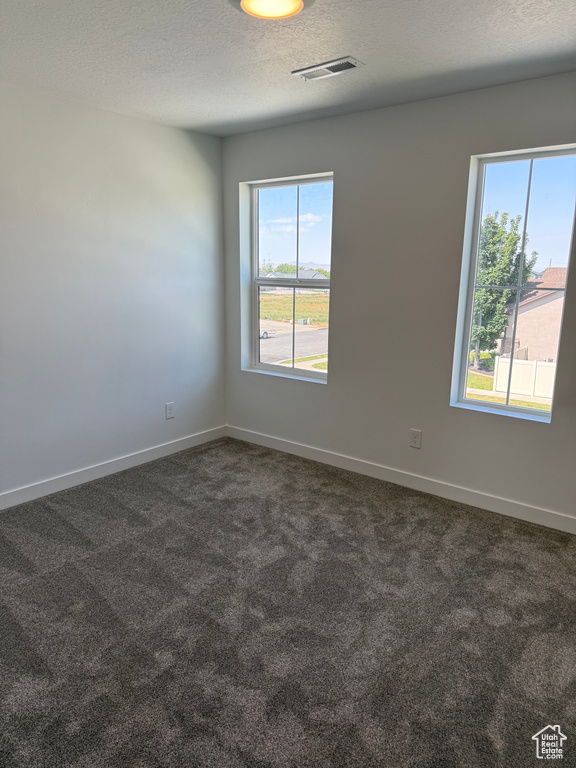 Unfurnished room with dark colored carpet and a textured ceiling