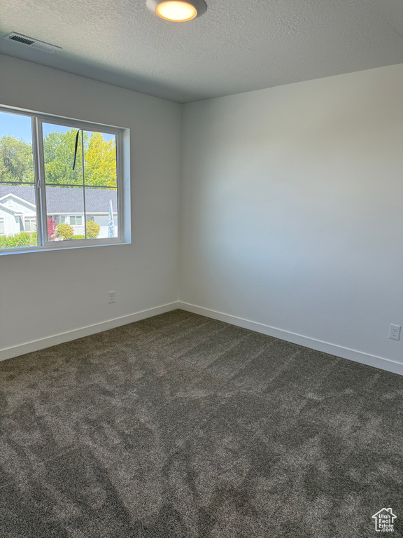 Unfurnished room featuring dark carpet and a textured ceiling